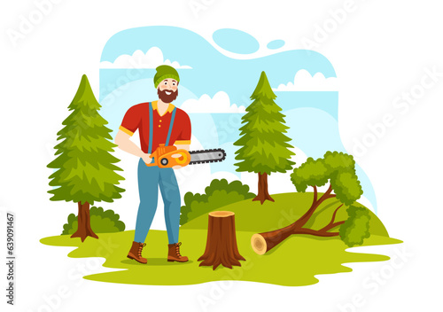Men Chopping Wood and Cutting Tree with Lumberjack Work Equipment Machinery or chainsaw in Flat Cartoon Background Templates Vector Illustration