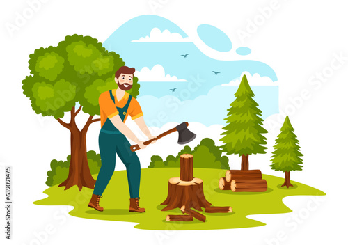 Men Chopping Wood and Cutting Tree with Lumberjack Work Equipment Machinery or chainsaw in Flat Cartoon Background Templates Vector Illustration