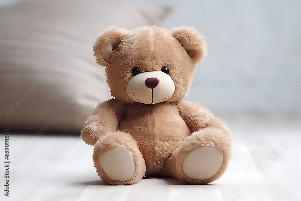 Cute teddy bear with soft fur, light background, bright and clear lighting.