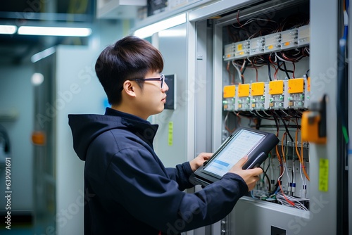 한국인 전기 안전 관리 전문 엔지니어가 전기 안전 점검용 전자 장비로 빌딩 지하에 있는 전기 시설의 안전 여부를 체크하고 있는 모습 photo