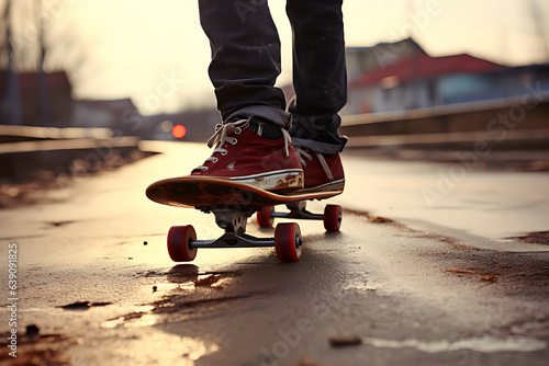 A person walking on a skateboard on a lonely street. Focus on skateboard, Realistic, High resolution, Detailed,
