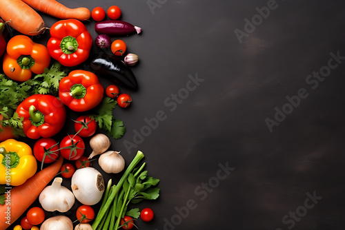 Vegetables with a plain black background, left side, there is an empty space for text