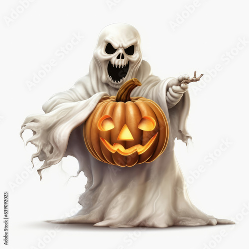 Cute Halloween Charm: The Funny White Ghost with Fangs Carrying a Cobweb-Wrapped Pumpkin Lantern - High-Quality Spooky Delight!