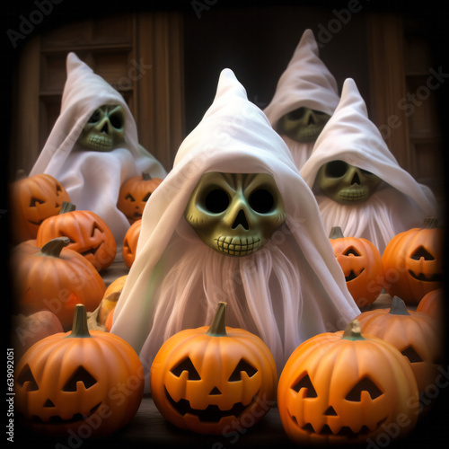 Cute Halloween Charm: The Funny White Ghost with Fangs Carrying a Cobweb-Wrapped Pumpkin Lantern - High-Quality Spooky Delight!