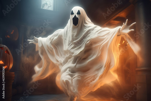 Cute Halloween Charm: The Funny White Ghost with Fangs Carrying a Cobweb-Wrapped Pumpkin Lantern - High-Quality Spooky Delight!