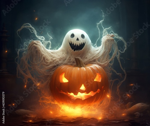 Cute Halloween Charm: The Funny White Ghost with Fangs Carrying a Cobweb-Wrapped Pumpkin Lantern - High-Quality Spooky Delight!