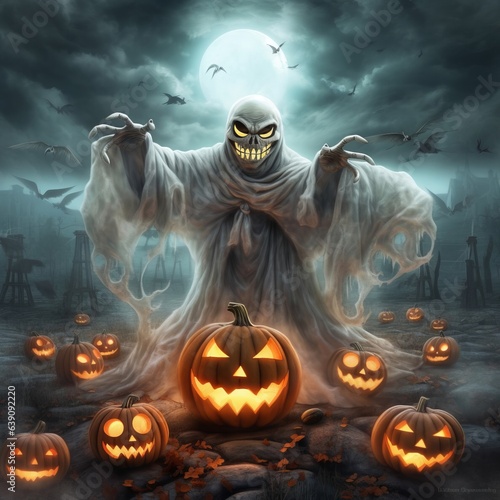 Cute Halloween Charm: The Funny White Ghost with Fangs Carrying a Cobweb-Wrapped Pumpkin Lantern - High-Quality Spooky Delight!