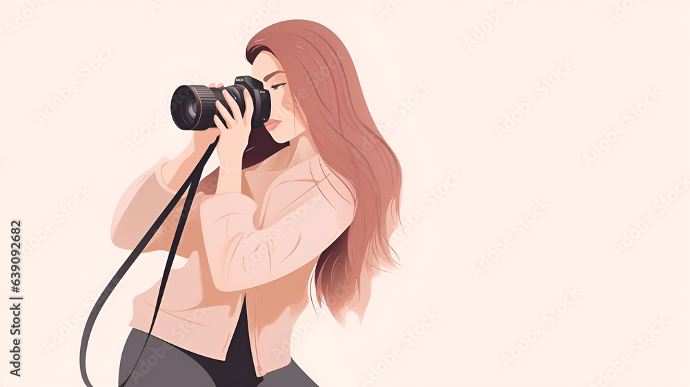 illustration of a long-haired girl photographer at the moment of taking a photo, all in soft beige colors, generated by AI illustration of a long-haired girl photographer at the moment of taking a photo, all in soft beige colors, generated by AI