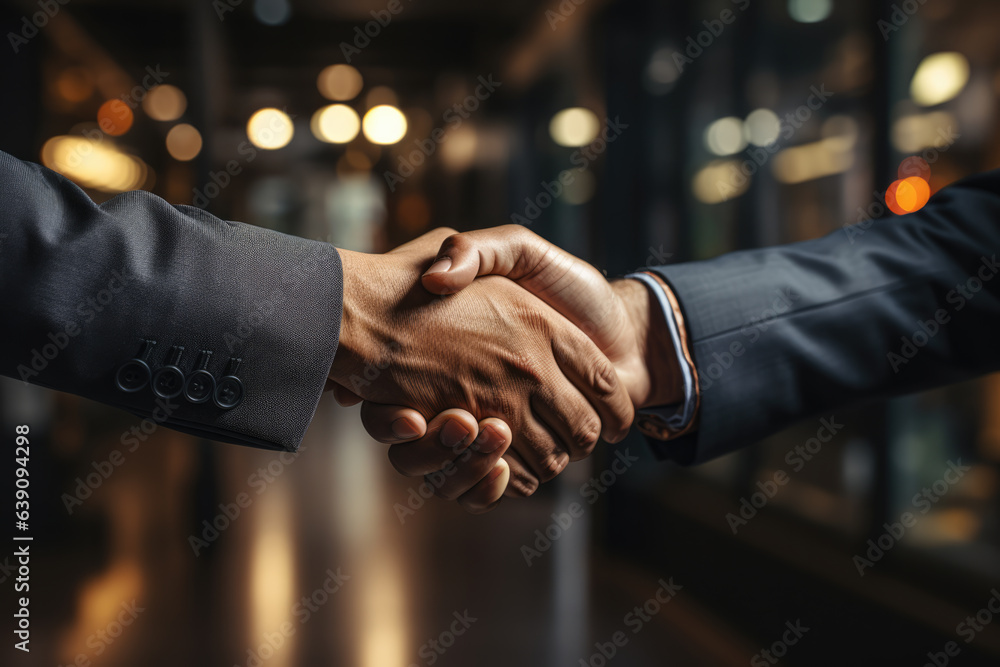 Two men sharing a firm handshake, symbolizing mutual respect and agreement. Generative AI - obrazy, fototapety, plakaty 