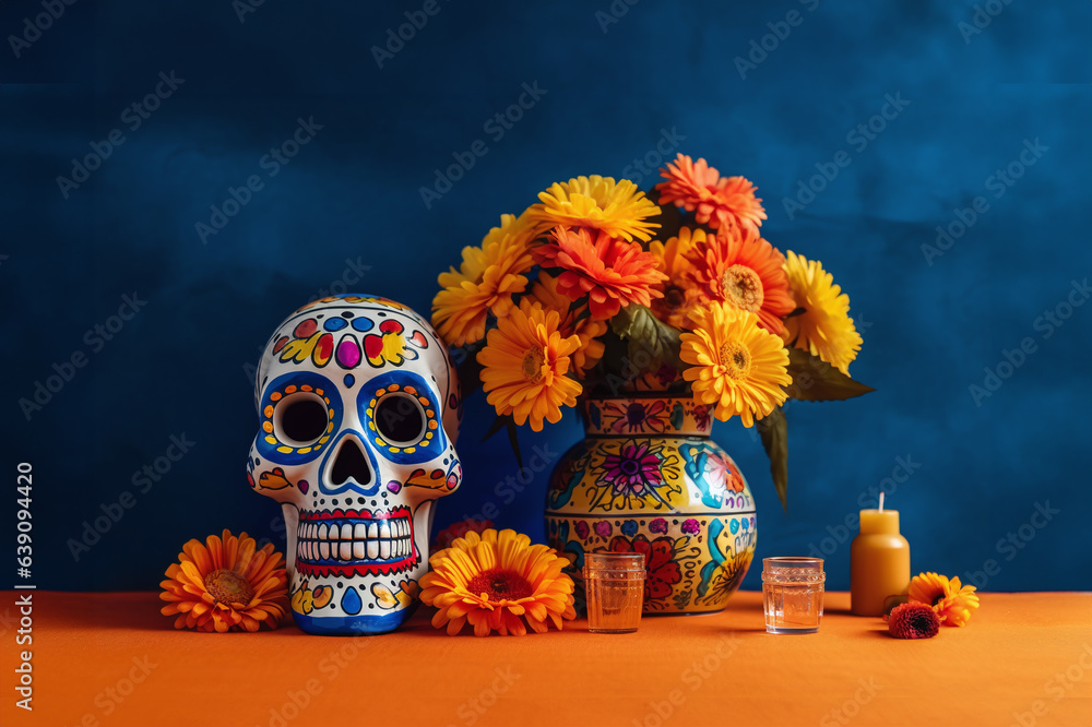 Festive sugar skull, vase full of flowers and candle on yellow surface