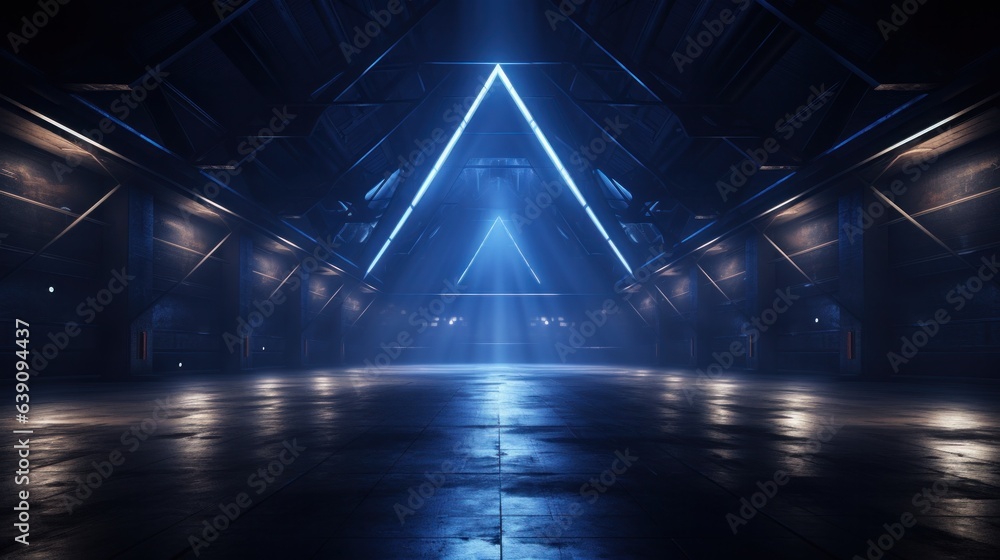 Sci-Fi Futuristic warehouse blue neon light. Studio lights stage concert showroom podium virtual night blue Cyber alien spaceship 3D illustration. - obrazy, fototapety, plakaty 