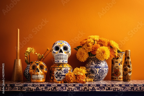 Festive sugar skulls, candle, flower arrangements and potteries on table with beautiful pattern. Celebrating Day of the Dead. Created with Generative AI technology