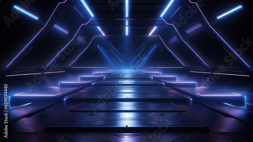 Sci-Fi Futuristic warehouse blue neon light. Studio lights stage concert showroom podium virtual night blue Cyber alien spaceship 3D illustration. © Pro Hi-Res