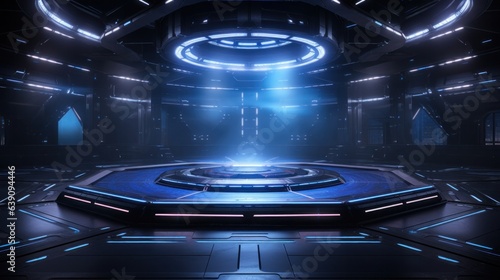 Sci-Fi Futuristic warehouse blue neon light. Studio lights stage concert showroom podium virtual night blue Cyber alien spaceship 3D illustration.
