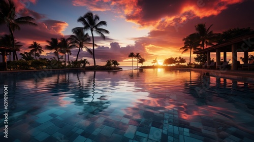 Luxury pool sunset, palm tree silhouette with windy infinity pool water surface. Summer vacation, holiday template. Stunning sky, beachfront hotel resort at tropical landscape tranquil. © Dushan