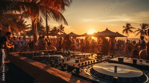 Fotografiet Dj mixing at sunset beach party in summer vacation outdoor - Disc jockey hands p