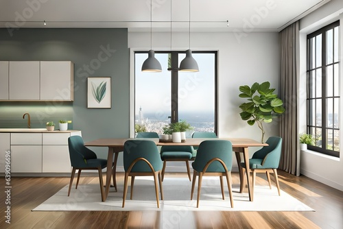 3d rendering dining room interior decorated with wooden dining table and chairs classic gray wall panel lamps and indoor plant in pot.