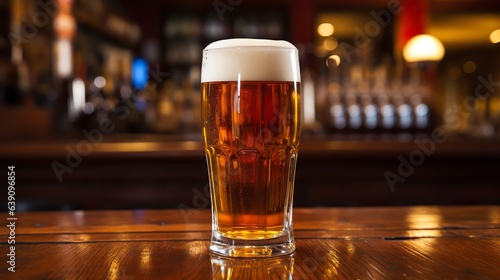 a beer glass with full beer in a pub