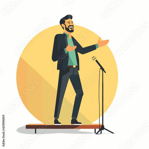Stand up comedian man performing and laughing on a stage in spotlight, isolated vector illustration