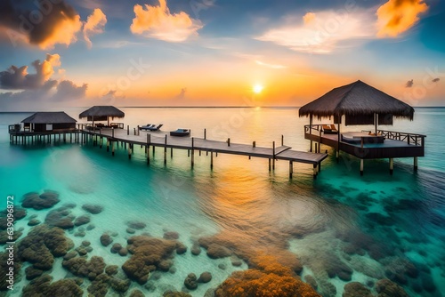 sunset on the beach  beach sunset  Amazing sunset panorama at Maldives. Luxury resort villas seascape with soft led lights under colorful sky. Beautiful twilight sky and colorful clouds. Beautiful sea
