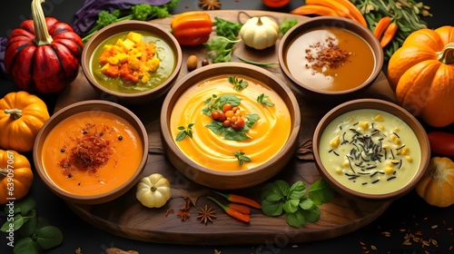 Pumpkin soup with vegetarian cooking ingredients, wooden spoons, kitchen utensils on wooden background. Top view. Vegan diet. Autumn harvest. Healthy, clean food and eating concept. AI Generative