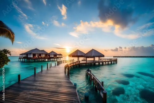 sunset on the beach, beach sunset, Amazing sunset panorama at Maldives. Luxury resort villas seascape with soft led lights under colorful sky. Beautiful twilight sky and colorful clouds. Beautiful sea