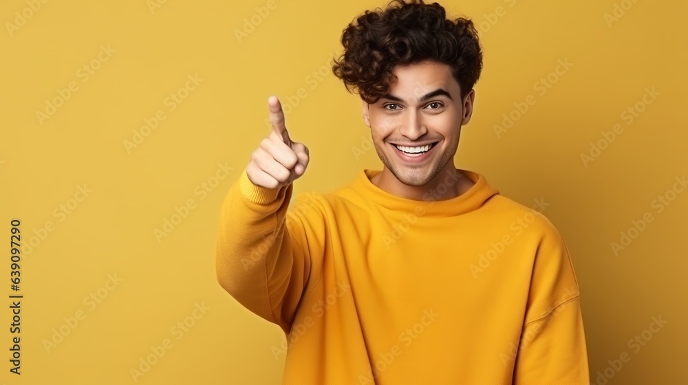 Satisfied smiling young boy pointing fingers upper left corner Satisfied smiling young boy pointing fingers upper left corner