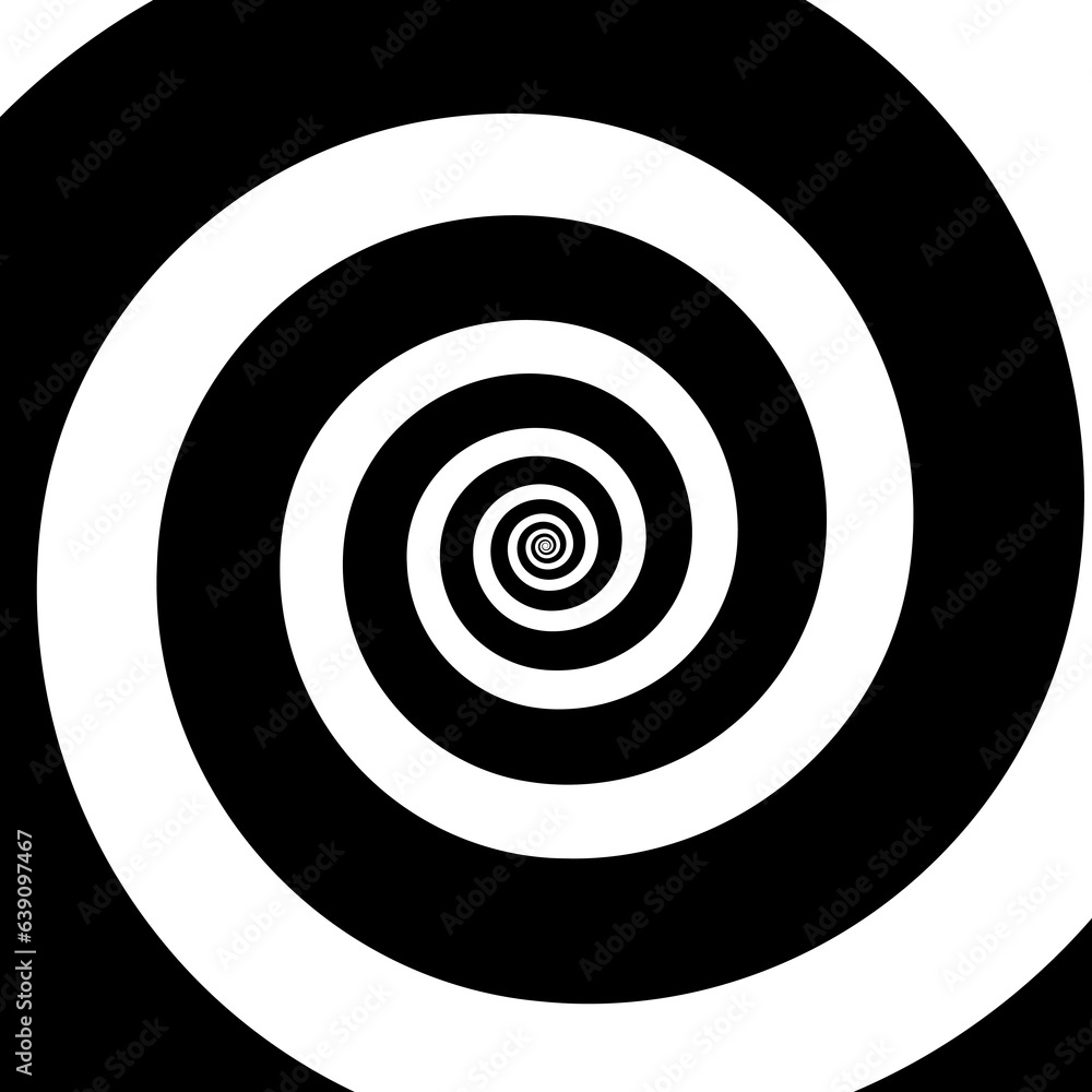 Hypnotic spirals background. Radial optical illusion. Black and white swirl tunnel wallpaper. Spinning concentric curves. Vortex or whirlpool design for poster, banner, flyer. Vector illustration Hypnotic spirals background. Radial optical illusion. Black and white swirl tunnel wallpaper. Spinning concentric curves. Vortex or whirlpool design for poster, banner, flyer. Vector illustration