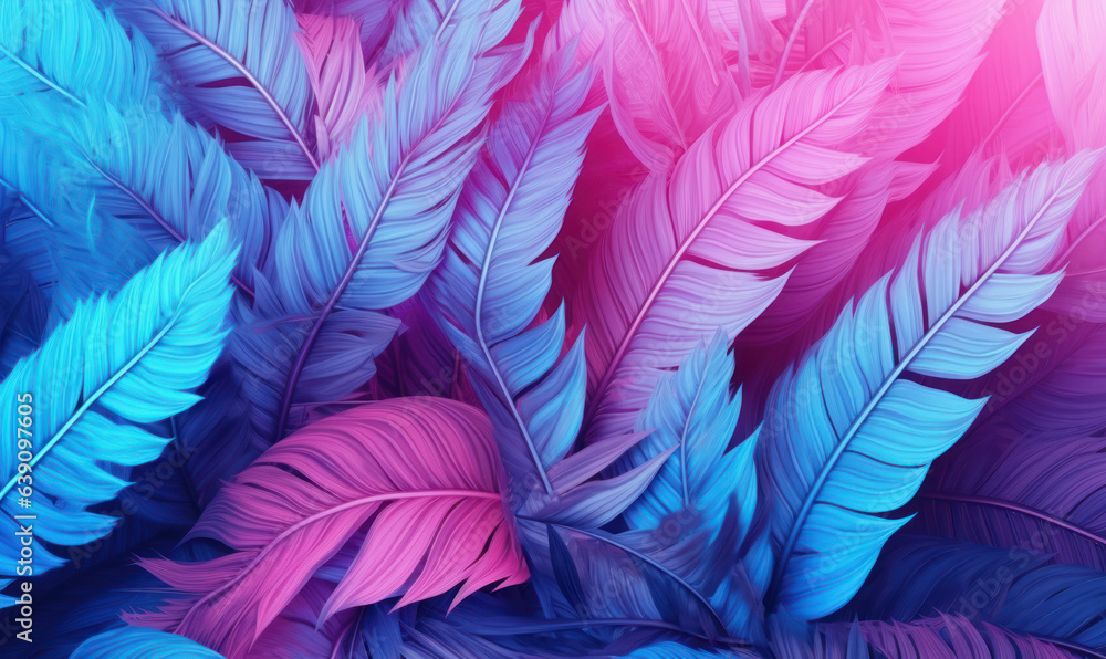 Fototapeta premium Tropical leaves in neon pink light wallpaper. Exotic foliage background. Natural textured. For postcard, book illustration. Created with generative AI tools