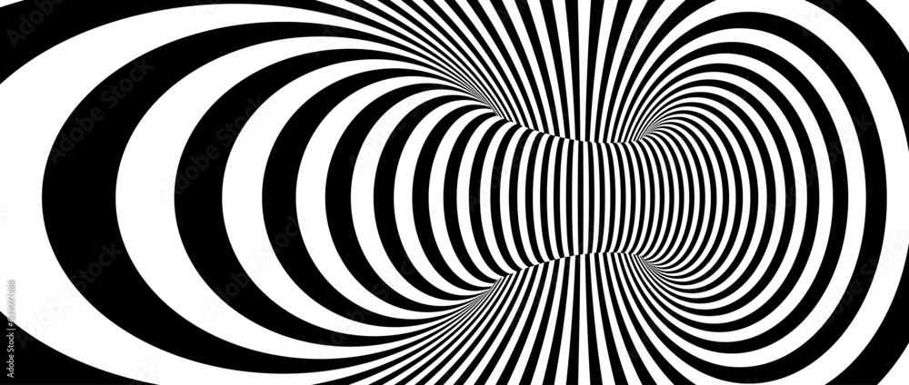 Naklejka premium Optical illusion background. Hypnotic spinning lines. Black and white tunnel wallpaper. Psychedelic twisted stripes pattern. Rotating spiral knot template for poster, banner, cover. Vector