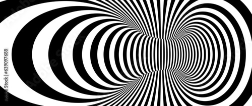 Optical illusion background. Hypnotic spinning lines. Black and white tunnel wallpaper. Psychedelic twisted stripes pattern. Rotating spiral knot template for poster, banner, cover. Vector