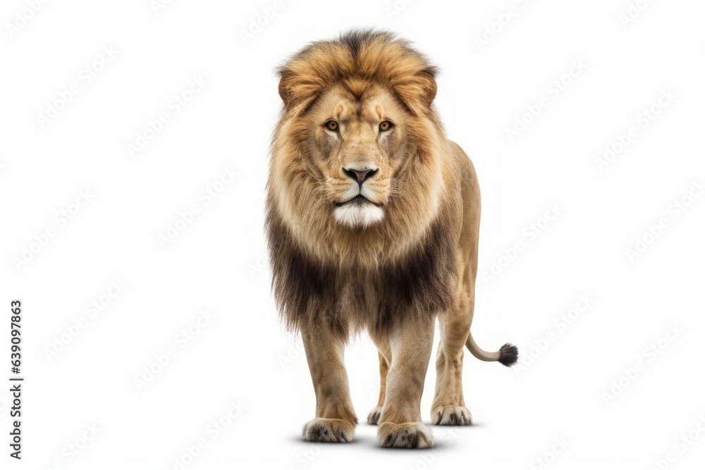 A lion is walking on a white background, created by Generative AI