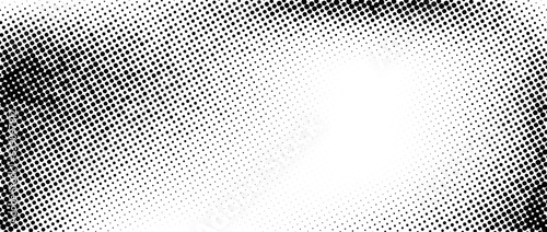 Dotted halftone faded wavy gradient texture. Grunge dirty speckles and spots background. Black and white sand grain wallpaper. Retro random pixelated comic. Vector gritty backdrop
