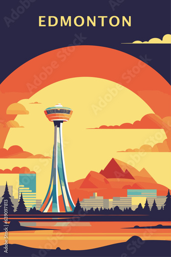 Canada Edmonton city retro poster with abstract shapes of skyline, attractions and landmarks. Vintage cityscape Alberta province travel vector illustration of metropolitan panorama photo