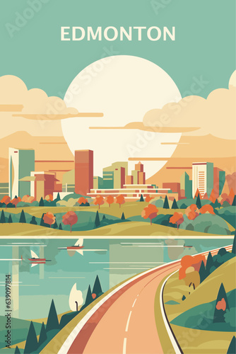 Fototapeta Canada Edmonton city retro poster with abstract shapes of skyline, attractions and landmarks