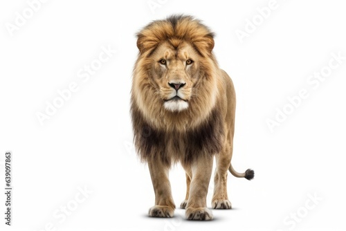 A lion is walking on a white background, created by Generative AI