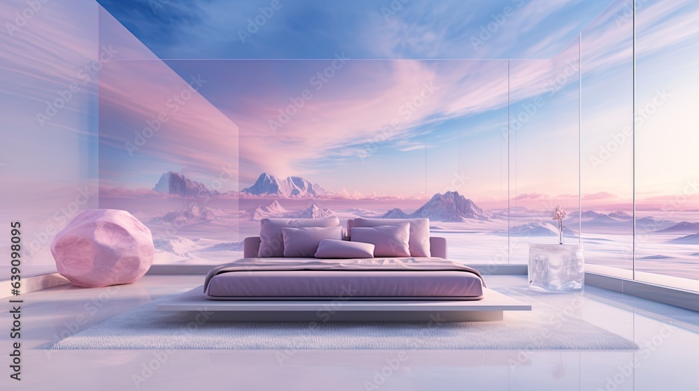 Fantasy world, futuristic fantasy bed with of the sky and pink clouds. A place for relaxation and inspiration, romance on surreal Beautiful Dream land background. Metallic mirror. Generated AI - obrazy, fototapety, plakaty 