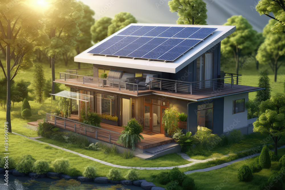 modern small house with solar panels, generative AI