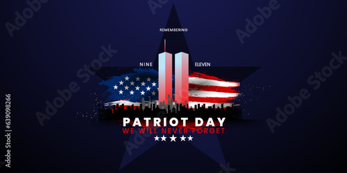 Patriot Day Background, September 11, United States flag, 911 memorial and Never Forget lettering, Vector conceptual illustration