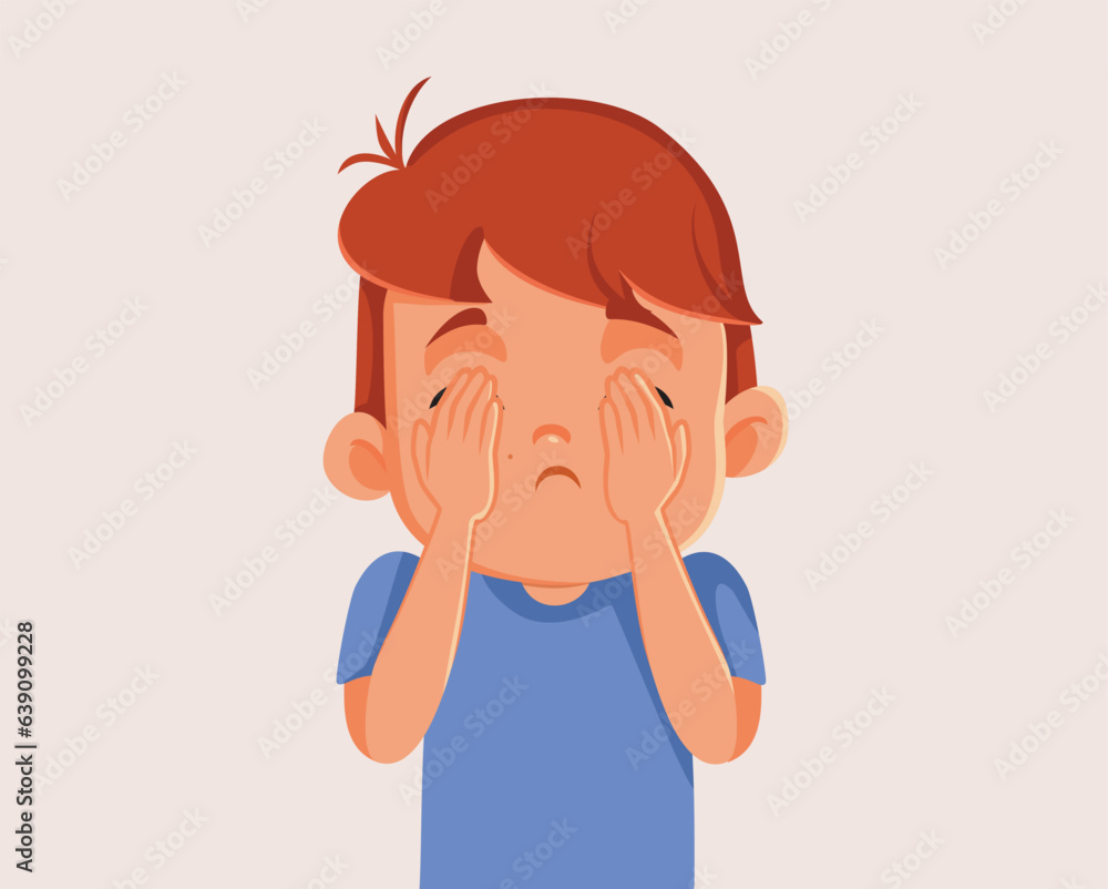 Little Boy Covering His Eyes Vector Cartoon illustration. Unhappy child hiding his face shielding from abuse
Little Boy Covering His Eyes Vector Cartoon illustration. Unhappy child hiding his face shielding from abuse