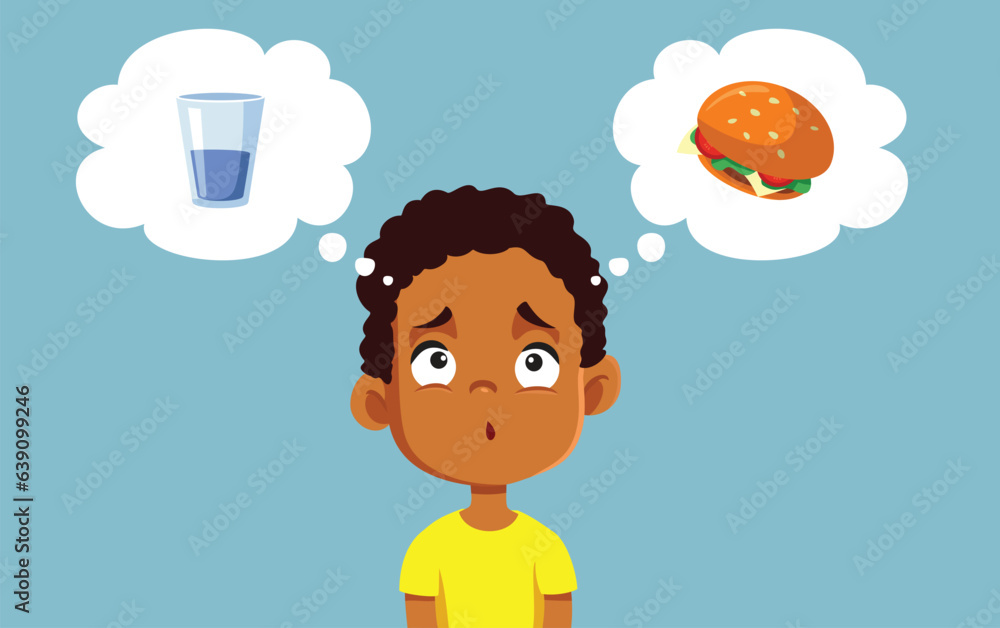 Little Boy Thinking if he is Hungry or Thirsty Vector Cartoon Illustration. Child confusing huger and thirst sensation feeling puzzled
Little Boy Thinking if he is Hungry or Thirsty Vector Cartoon Illustration. Child confusing huger and thirst sensation feeling puzzled