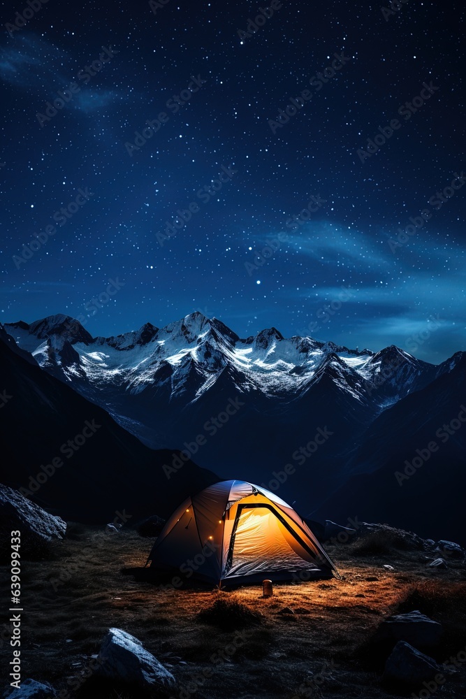 Vertical photo of a camping tent in the night mountains nature.