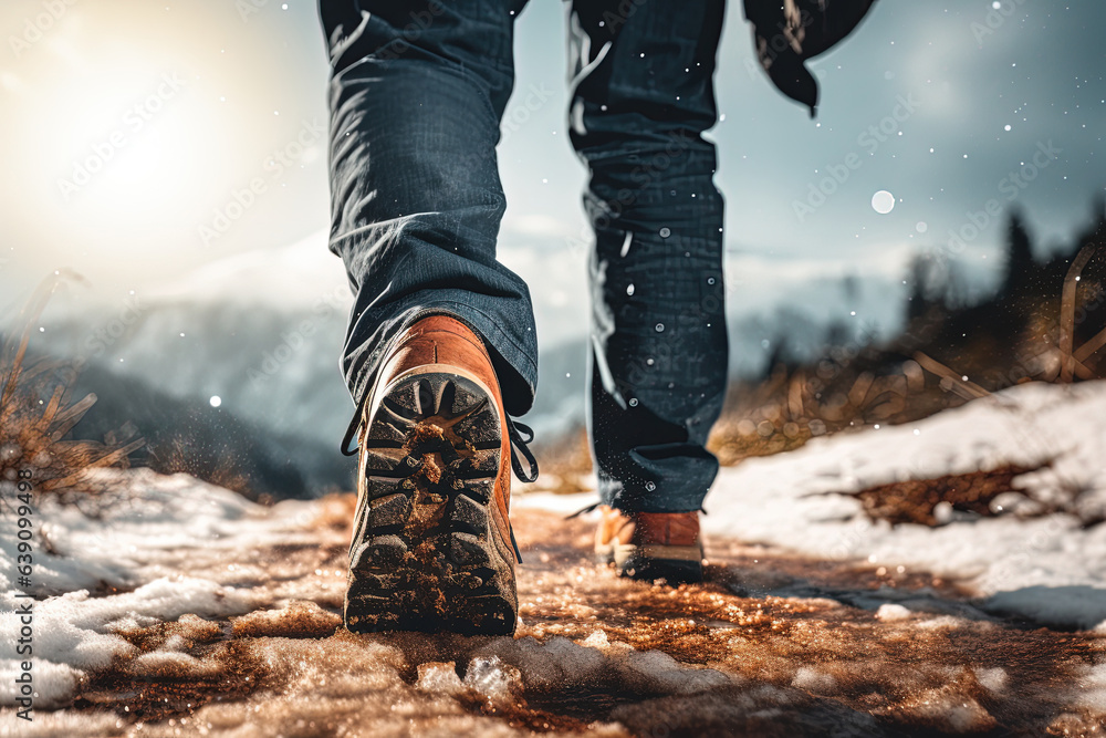 Feet of a hiker walking along a mountain path. Winter lonely trip.Travel alone for mental health - away from the noise of the big city. Feet of a hiker walking along a mountain path. Winter lonely trip.Travel alone for mental health - away from the noise of the big city.