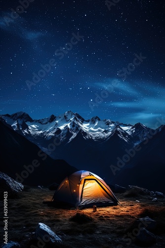 Vertical photo of a camping tent in the night mountains nature.