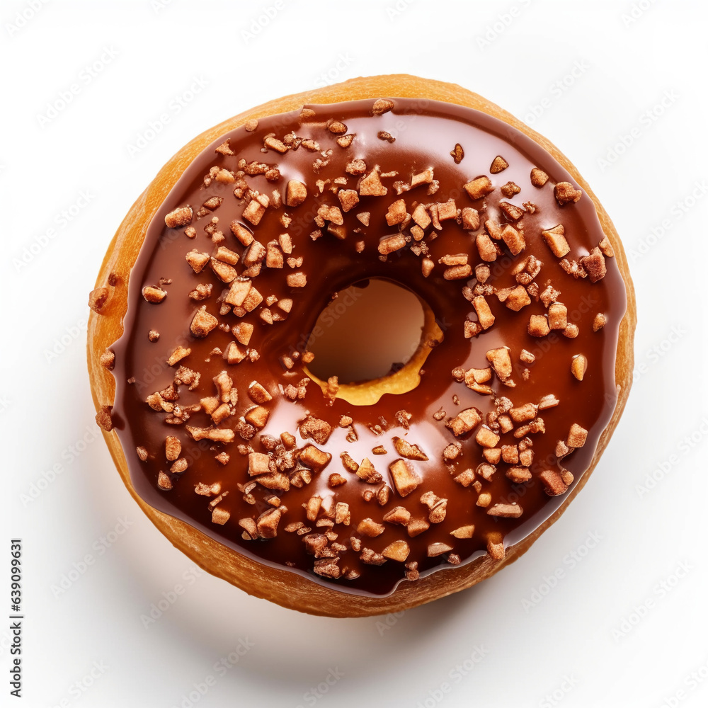 Flying donuts with chocolate glazed, sprinkled nuts and splatters of glaze. Sweet food concept. Flying donuts with chocolate glazed, sprinkled nuts and splatters of glaze. Sweet food concept.