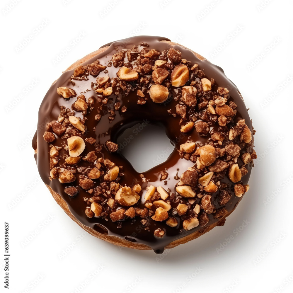 Flying donuts with chocolate glazed, sprinkled nuts and splatters of glaze. Sweet food concept. Flying donuts with chocolate glazed, sprinkled nuts and splatters of glaze. Sweet food concept.