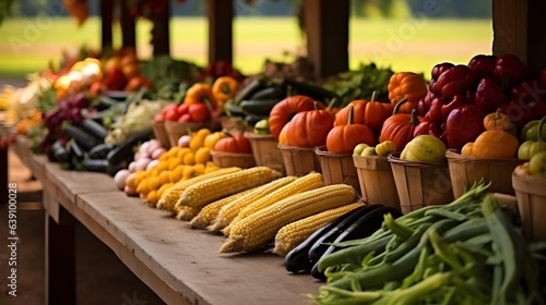 Fall harvest market with vegetables and fruits. AI generated