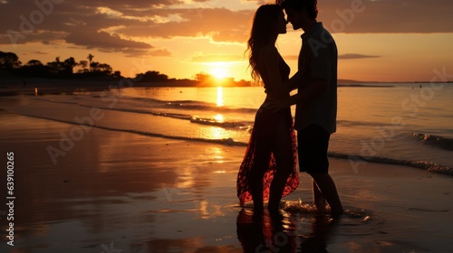 sunset silhouette of young couple in love hugging at beach © Dushan