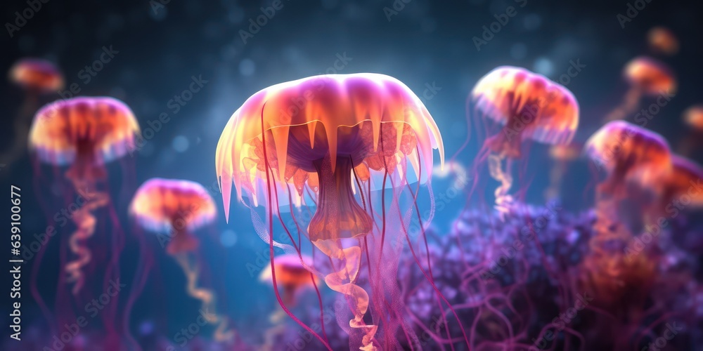 Neon jellyfish swim deep in complete secrecy. AI Generation Neon jellyfish swim deep in complete secrecy. AI Generation
