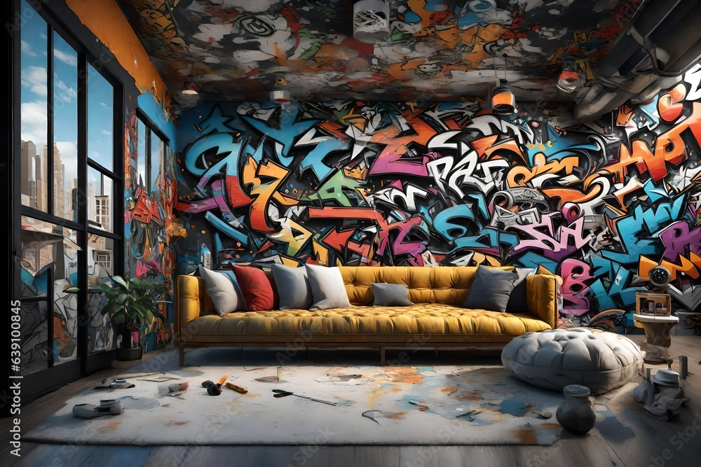 Naklejka premium an edgy 3D rendering of a home wall transformed into a cinematic urban street art scene. 